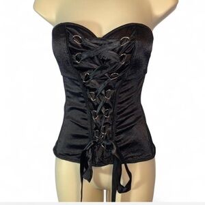 Black satin Lace-Up Corset Top sweetheart ribbon size 36B medium boning